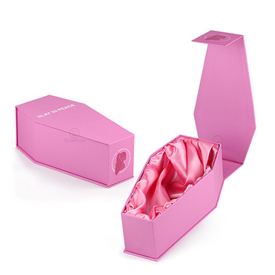 Custom Pink Coffin Shaped Hair Extension Packaging Flip Lid Box With Velvet