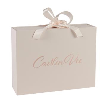 Custom Printed Logo Drawer Style Garment Paper Box With Ribbon Handles
